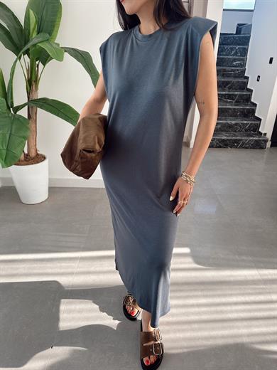 Antrasit Modal Kumaş Bisiklet Yaka Vatkalı Elbise