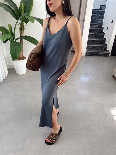 Antrasit Modal Kumaş Lastik Askılı Elbise