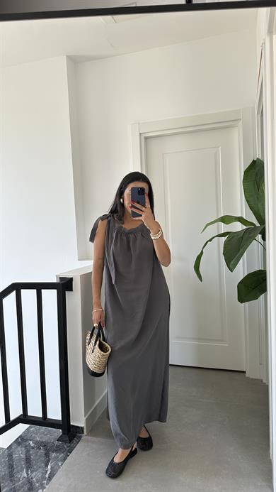 Antrasit Omuzdan Bağlamalı Elbise