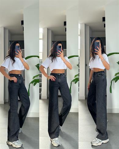 Antrasit Onl Yüksek Bel Bol Paça Jean Pantolon