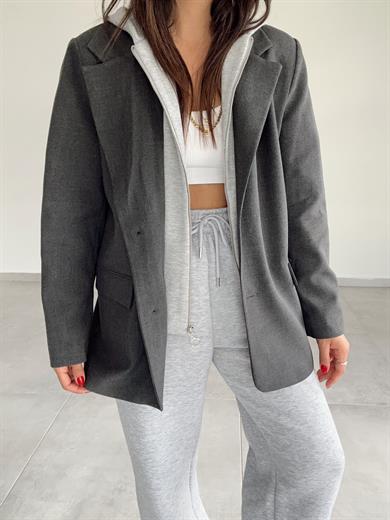 Antrasit Poliviskon Kapşonlu Blazer Ceket