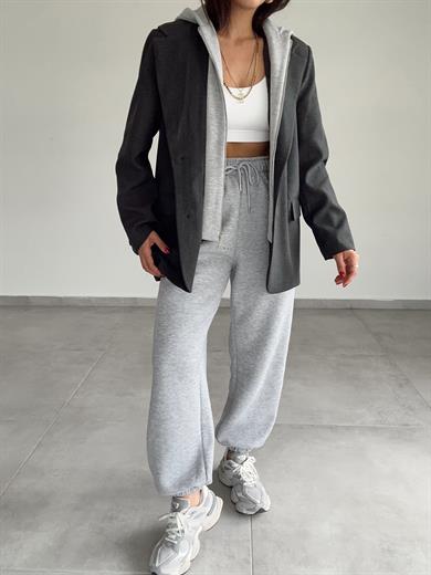 Antrasit Poliviskon Kapşonlu Blazer Ceket