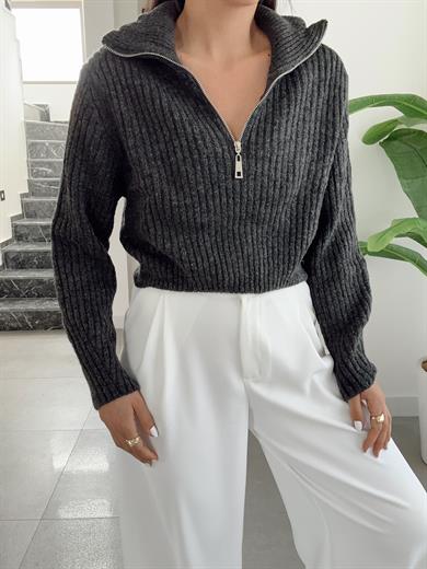 Antrasit Polo Yaka Fermuarlı Triko Kazak