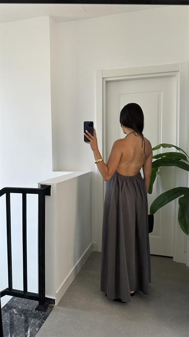 Antrasit Sırt Dekolteli Askılı Elbise