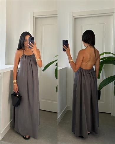 Antrasit Sırt Dekolteli Askılı Elbise