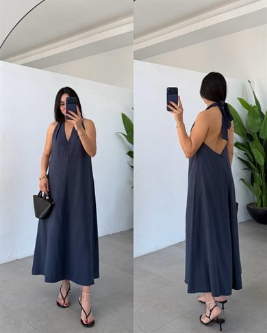 Antrasit Sırt Detaylı Boyundan Bağlamalı Elbise