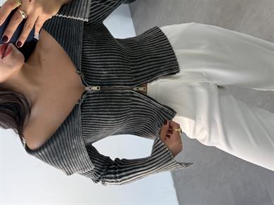 Antrasit Soluk Efektli Kol Yırtmaç Detaylı Fermuarlı Bluz