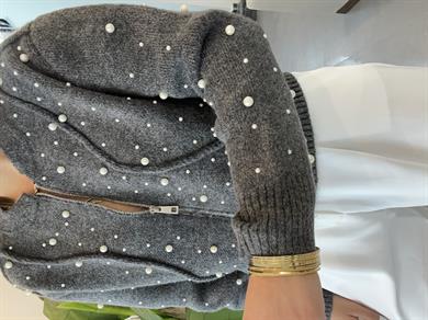 Antrasit Suni İncili Triko Bomber Ceket