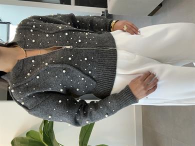 Antrasit Suni İncili Triko Bomber Ceket