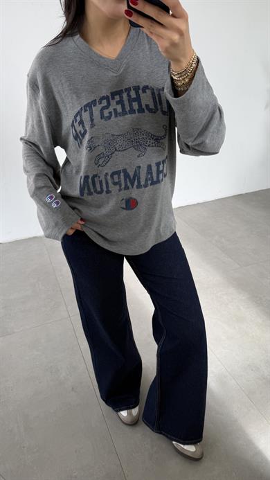 Antrasit V Yaka Uzun Kollu Baskılı Bluz