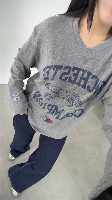 Antrasit V Yaka Uzun Kollu Baskılı Bluz