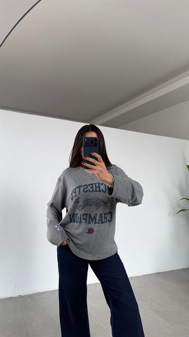 Antrasit V Yaka Uzun Kollu Baskılı Bluz