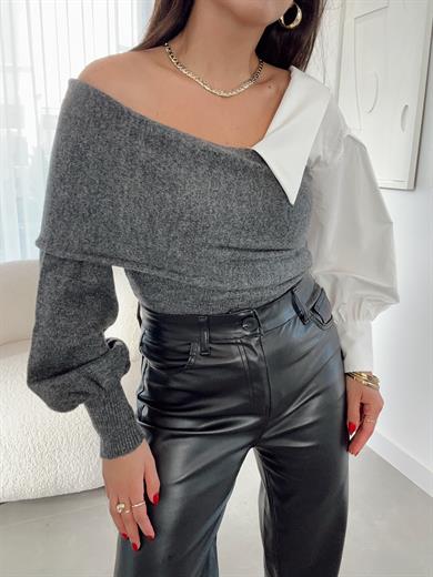 Antrasit Yaka Detaylı Triko Kazak