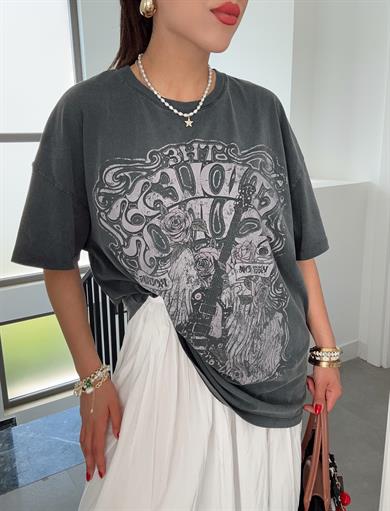 Antrasit Yıkamalı Baskılı Tişört