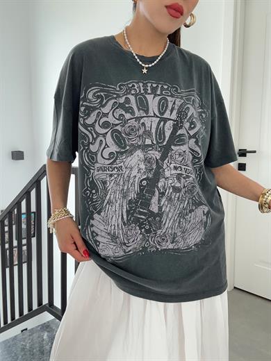 Antrasit Yıkamalı Baskılı Tişört