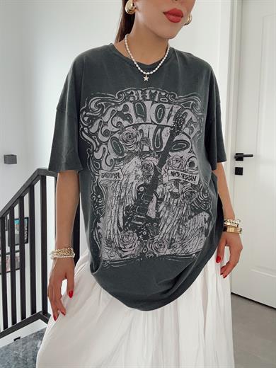 Antrasit Yıkamalı Baskılı Tişört