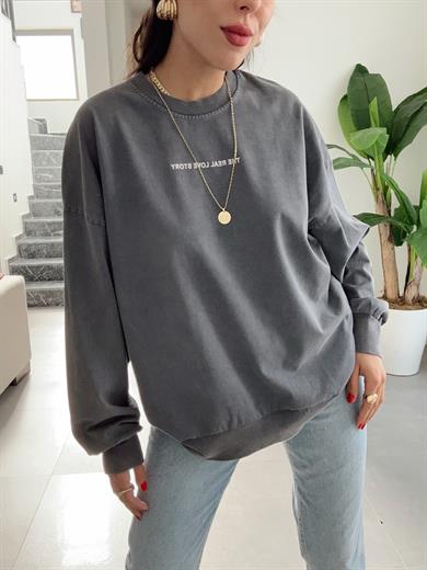 Antrasit Yıkamalı Sırtı Taş Detaylı Sweatshirt