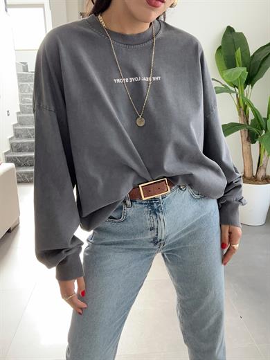 Antrasit Yıkamalı Sırtı Taş Detaylı Sweatshirt