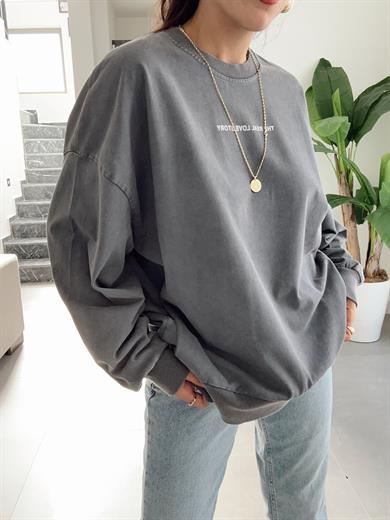 Antrasit Yıkamalı Sırtı Taş Detaylı Sweatshirt