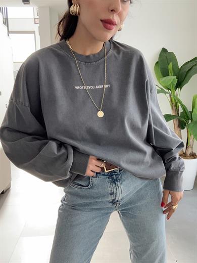 Antrasit Yıkamalı Sırtı Taş Detaylı Sweatshirt