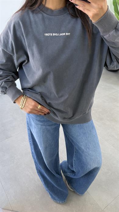 Antrasit Yıkamalı Sırtı Taş Detaylı Sweatshirt