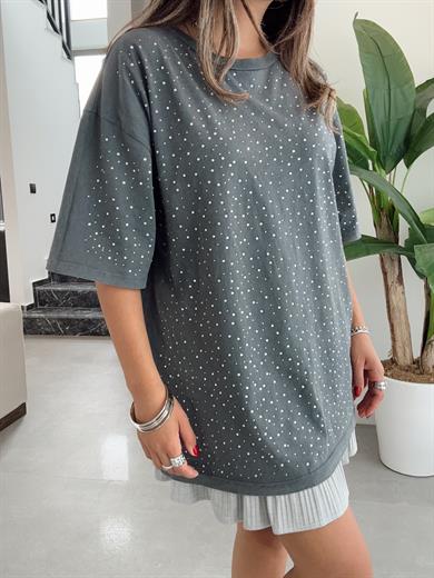 Antrasit Yıkamalı Taşlı T-Shirt