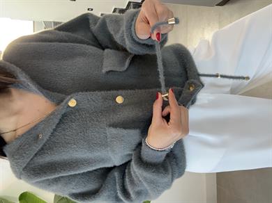 Antrasit Yumoş Belden Büzgülü Kapşonlu Ceket