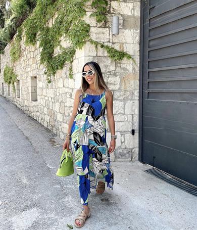 Askıl Mavi Desenliı Keten Elbise