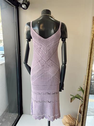 Askılı Ajur Desen Lila Triko Elbise