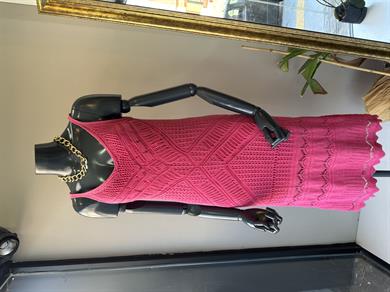 Askılı Ajur Desenli Fuşya Triko Elbise