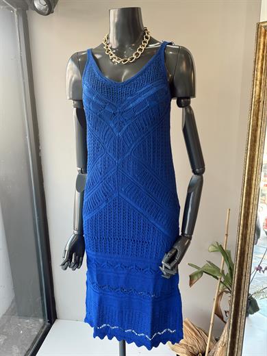 Askılı Ajur Desenli Saks Elbise