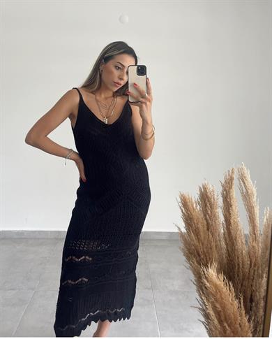 Askılı Ajur Desenli Siyah Elbise