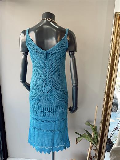 Askılı Ajur Desenli Turkuaz Triko Elbise