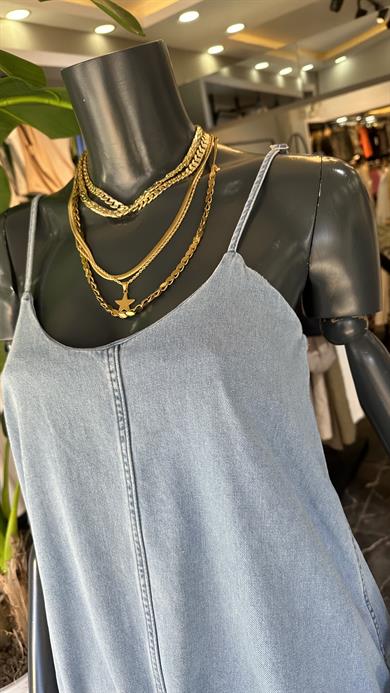 Askılı Midi Boy Kot Elbise