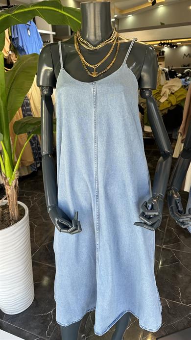 Askılı Midi Boy Kot Elbise