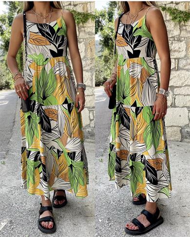 Askılı Yeşil Desenli Keten Elbise