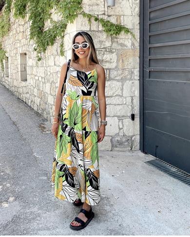 Askılı Yeşil Desenli Keten Elbise