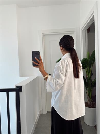 Aura Beyaz Keten Flamlı Pareo Gömlek