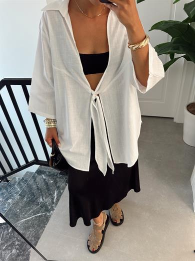 Aura Beyaz Keten Flamlı Pareo Gömlek