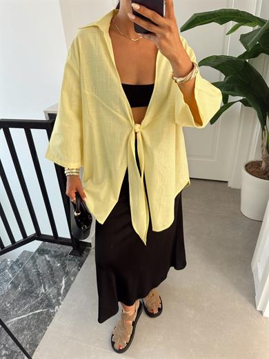 Aura Sarı Keten Flamlı Pareo Gömlek