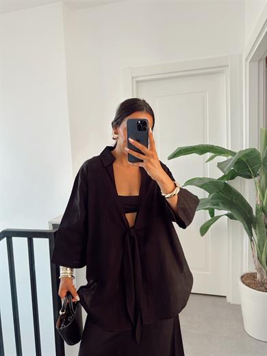 Aura Siyah Keten Flamlı Pareo Gömlek