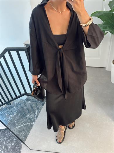 Aura Siyah Keten Flamlı Pareo Gömlek