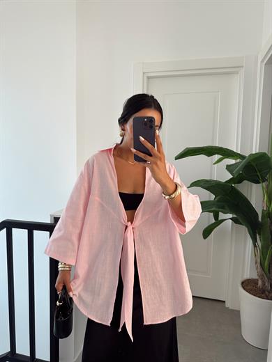 Aura Toz Pembe Keten Flamlı Pareo Gömlek