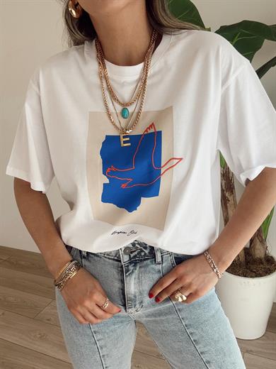 B-C Beyaz Mavi Baskılı Tişört