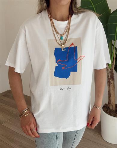 B-C Beyaz Mavi Baskılı Tişört