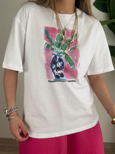 B-C Pembe Baskılı Beyaz Tişört