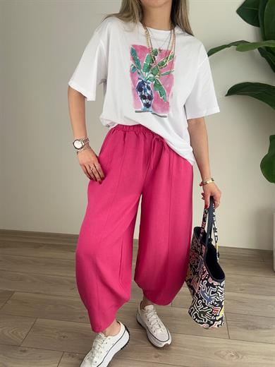 B-C Pembe Baskılı Beyaz Tişört