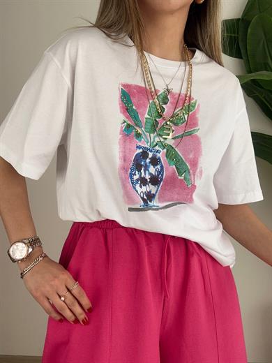 B-C Pembe Baskılı Beyaz Tişört