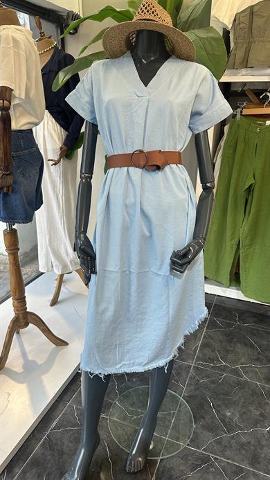 Henda Bebe Mavi Kemer Detaylı V Yaka Elbise