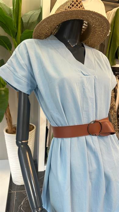 Henda Bebe Mavi Kemer Detaylı V Yaka Elbise